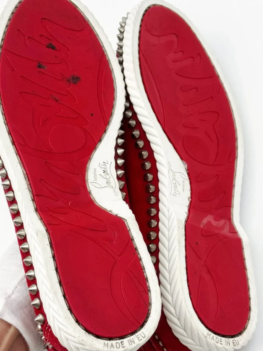 Christian Louboutin red suede loafers with silver studs